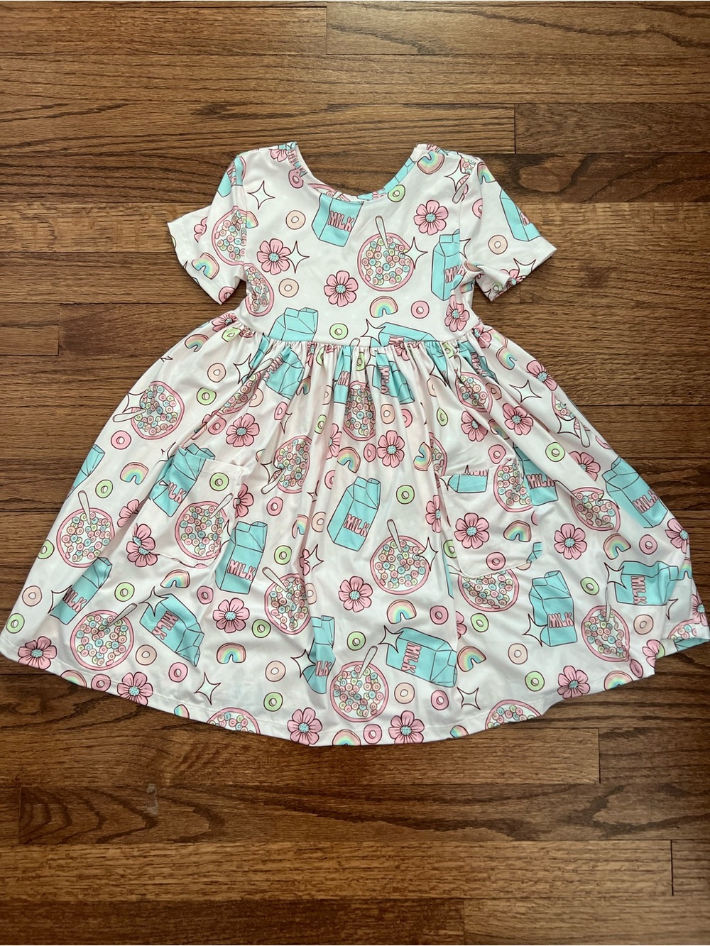 Mila & Rose Girls 5-6 Pink and Aqua Milk & Cereal Print Twirl Dress with Pockets